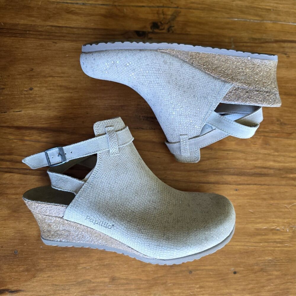 Papillio By Birkenstock Esra Embossed Beige Suede Leather Wedge Clog Size 39 (8) - Picture 6 of 8